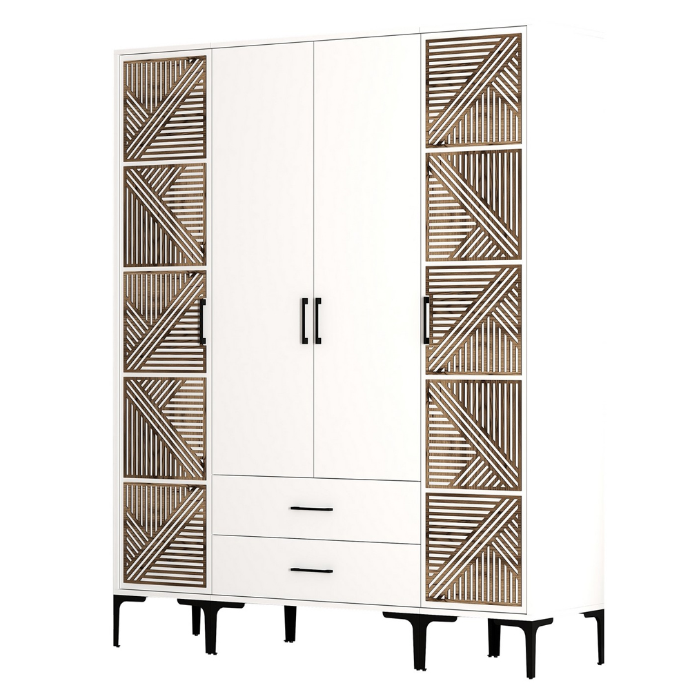 Kumsal Wooden Wardrobe with 2 Walnut Geometric Slatted Doors in White