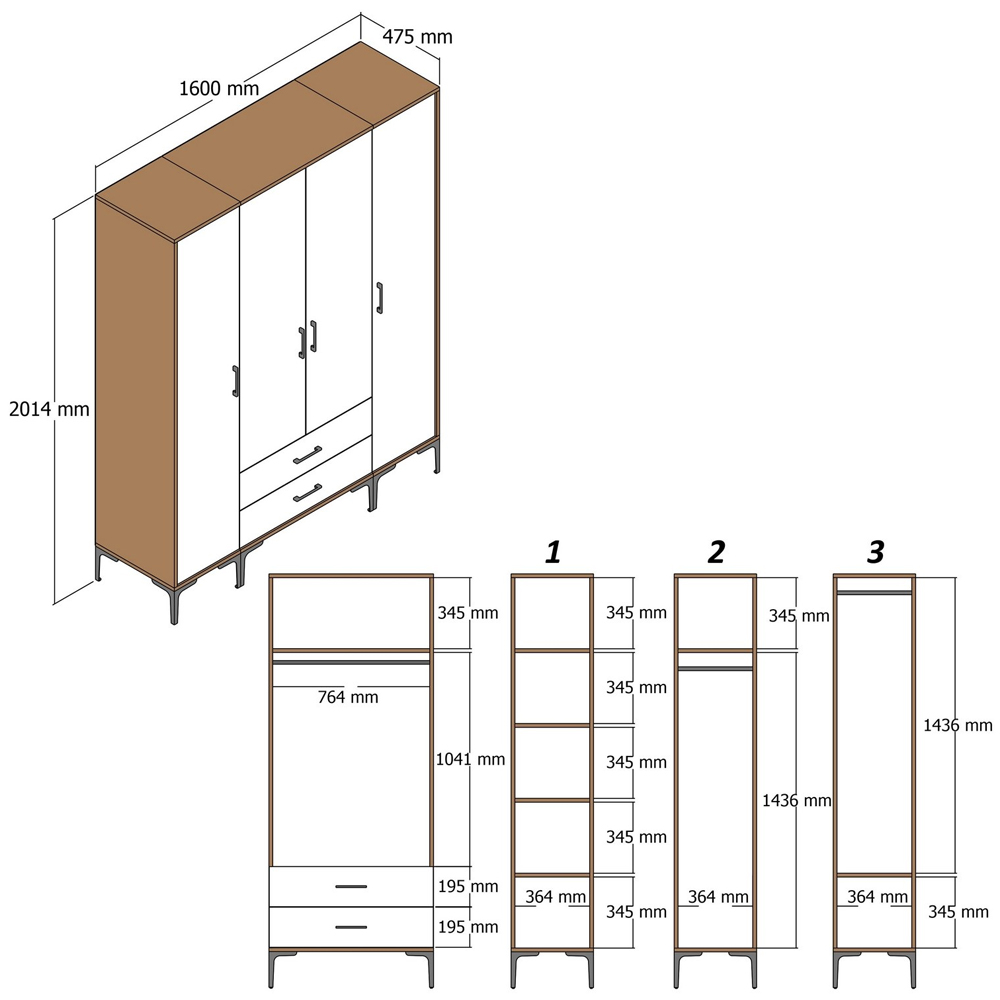 Kumsal Wooden Wardrobe with 2 Walnut Geometric Slatted Doors in White