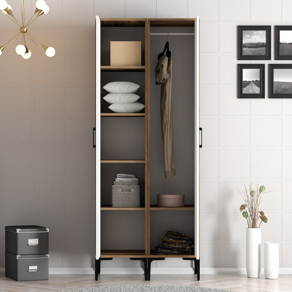 Kumsal Wooden Wardrobe with 2 White Doors in Walnut