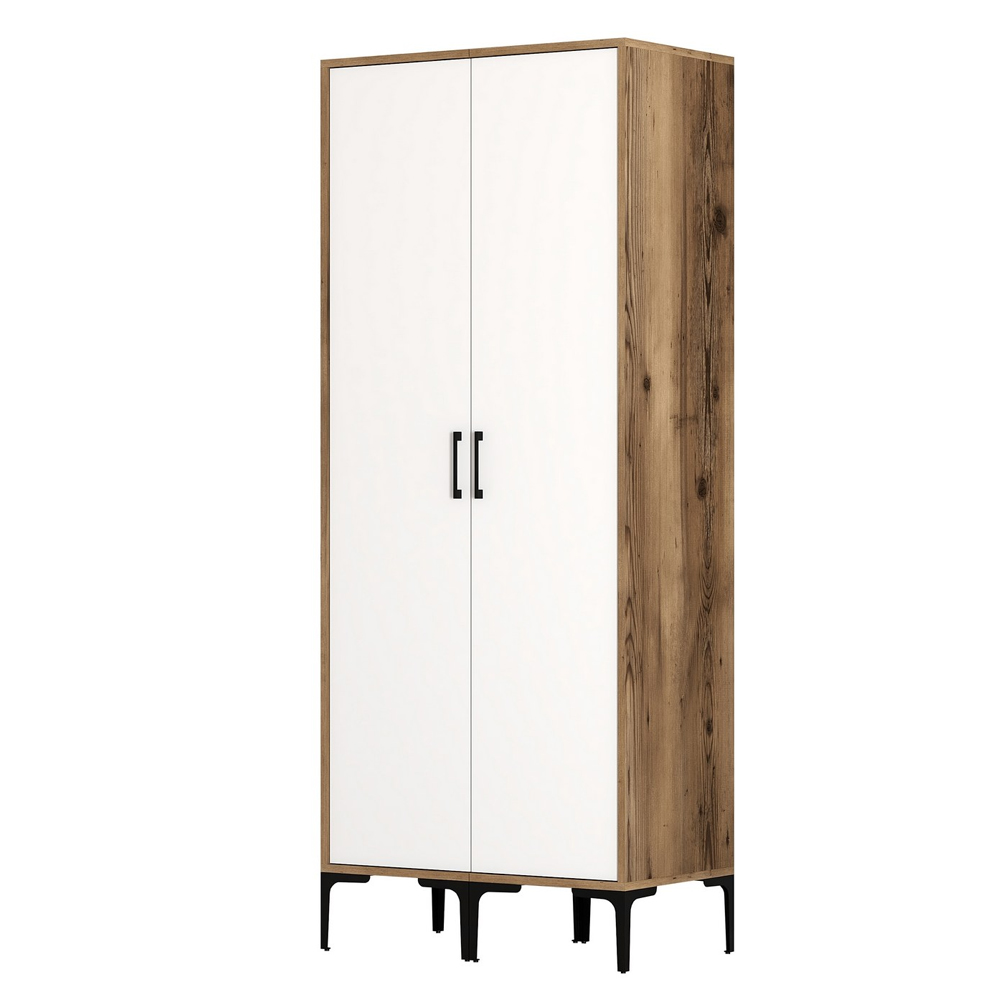 Kumsal Wooden Wardrobe with 2 White Doors in Walnut