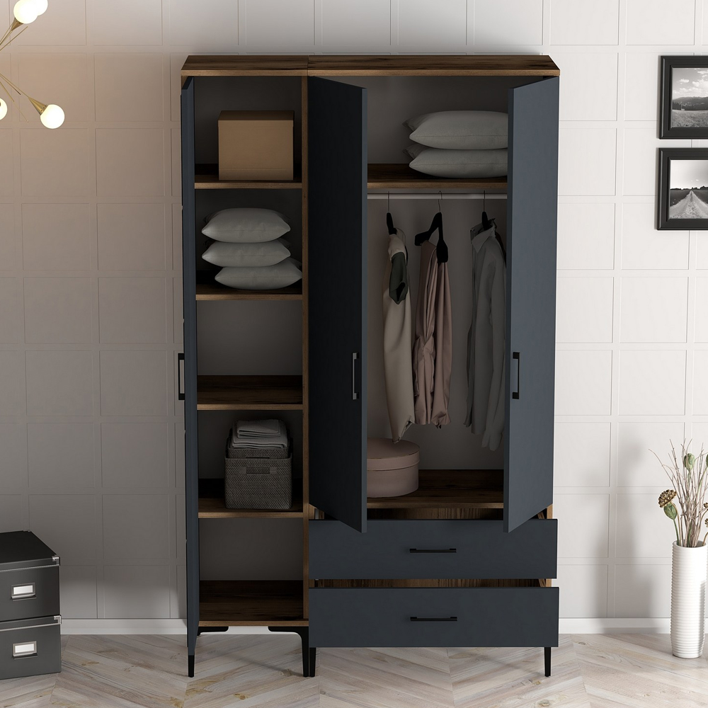 Kumsal Wooden Wardrobe with 3 Anthracite Doors in Walnut