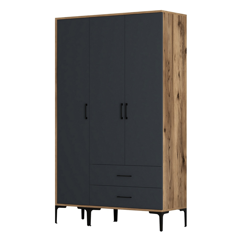Kumsal Wooden Wardrobe with 3 Anthracite Doors in Walnut