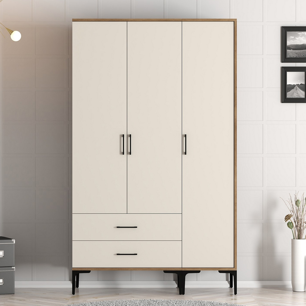 Kumsal Wooden Wardrobe with 3 Cream Doors in Walnut
