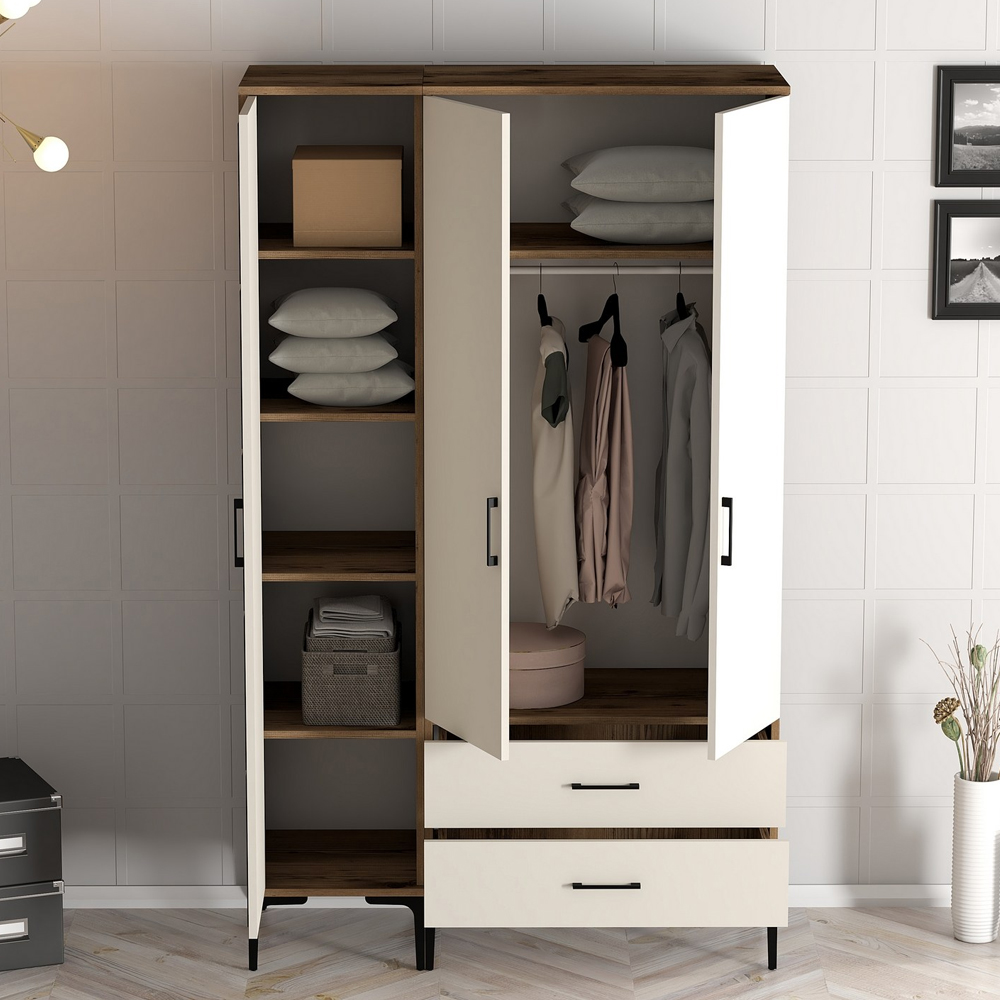 Kumsal Wooden Wardrobe with 3 Cream Doors in Walnut