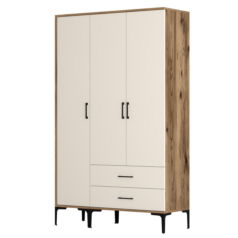 Kumsal Wooden Wardrobe with 3 Cream Doors in Walnut
