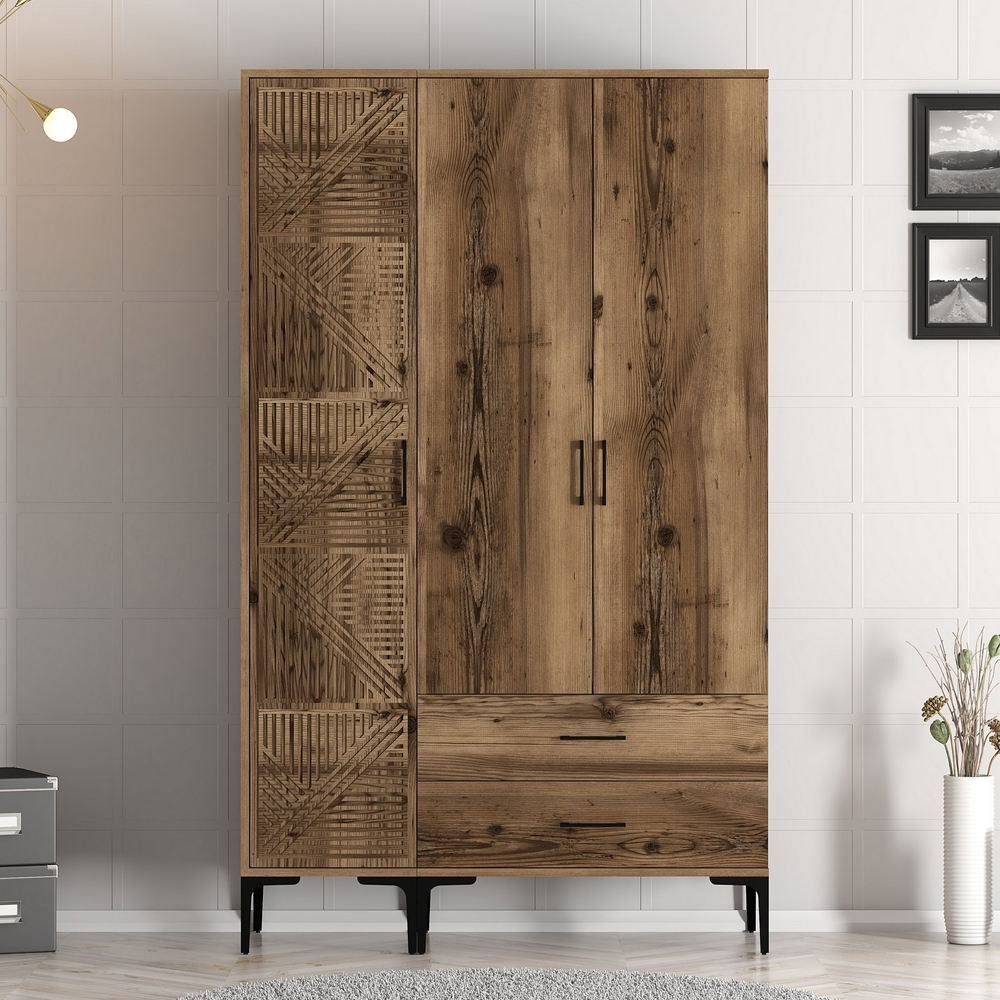 Kumsal Wooden Wardrobe with 3 Doors 2 Drawers in Walnut
