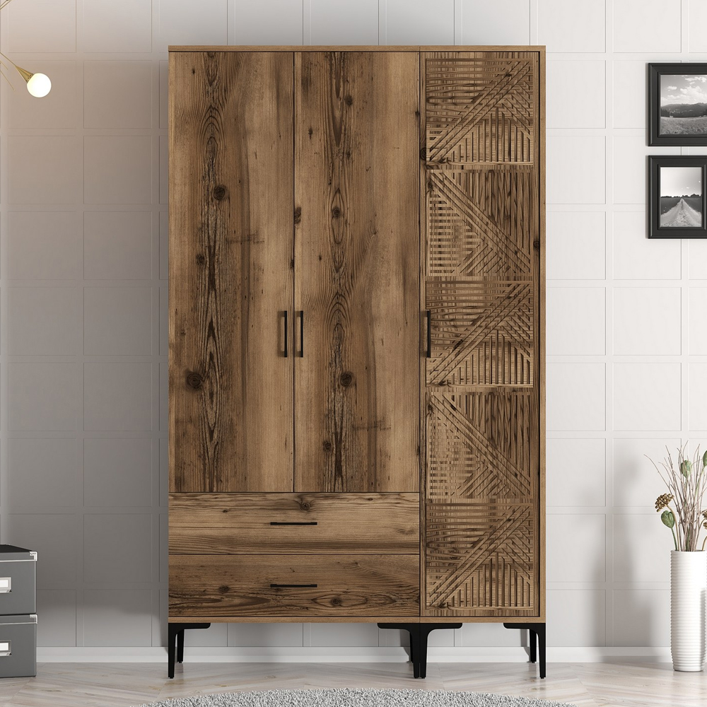 Kumsal Wooden Wardrobe with 3 Doors 2 Drawers in Walnut
