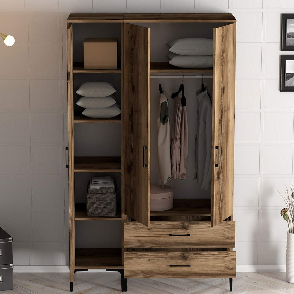 Kumsal Wooden Wardrobe with 3 Doors 2 Drawers in Walnut