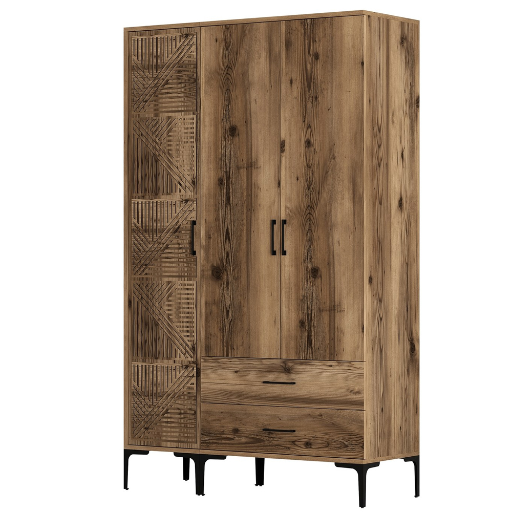 Kumsal Wooden Wardrobe with 3 Doors 2 Drawers in Walnut
