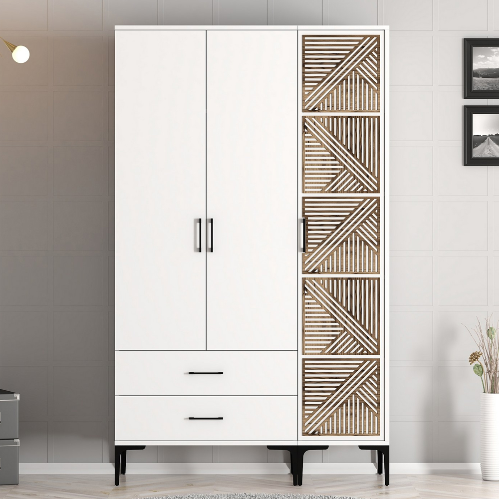 Kumsal Wooden Wardrobe with 3 Doors 2 Drawers in White