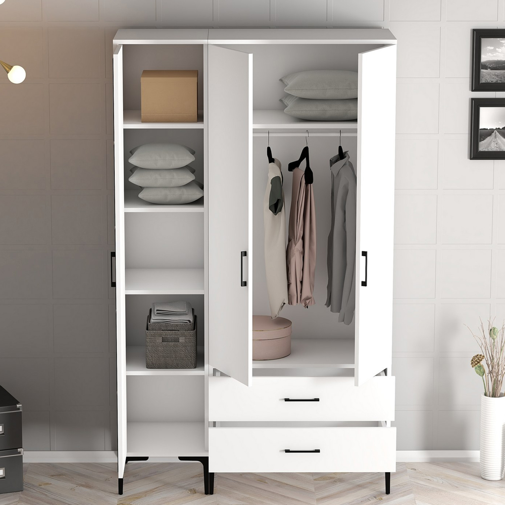 Kumsal Wooden Wardrobe with 3 Doors 2 Drawers in White