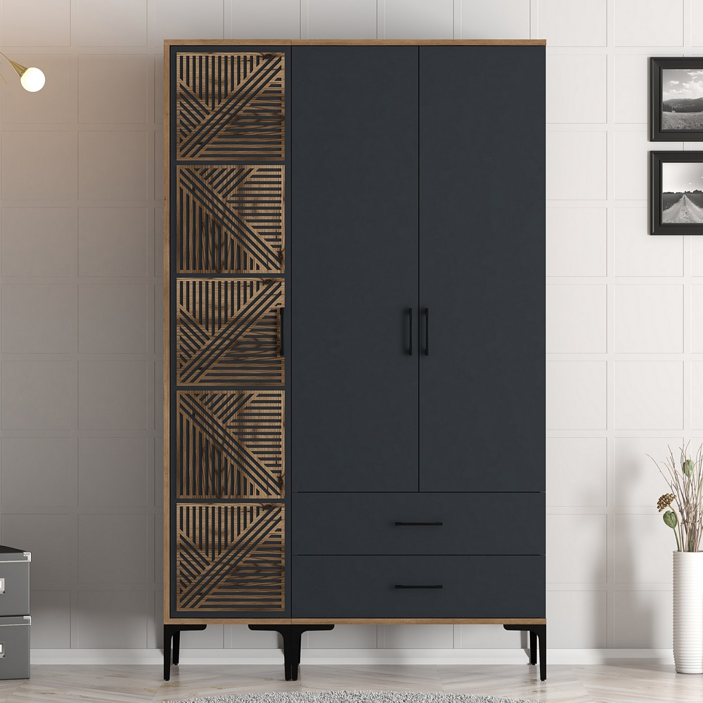 Kumsal Wooden Wardrobe with 3 Doors in Anthracite and Walnut