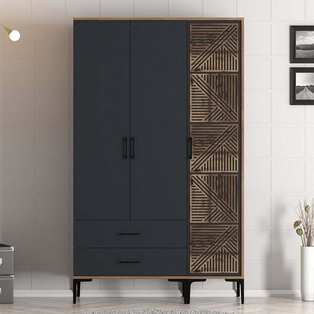 Kumsal Wooden Wardrobe with 3 Doors in Anthracite and Walnut