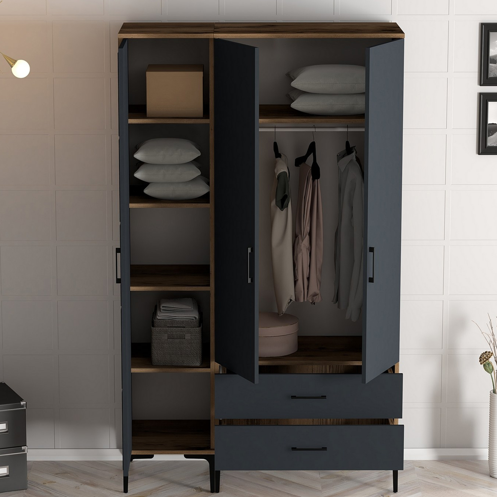 Kumsal Wooden Wardrobe with 3 Doors in Anthracite and Walnut