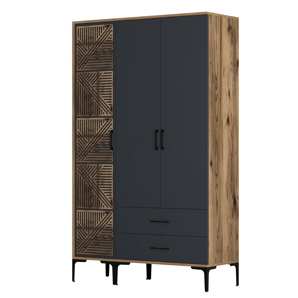 Kumsal Wooden Wardrobe with 3 Doors in Anthracite and Walnut