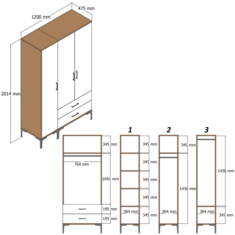 Kumsal Wooden Wardrobe with 3 Doors in Anthracite and Walnut