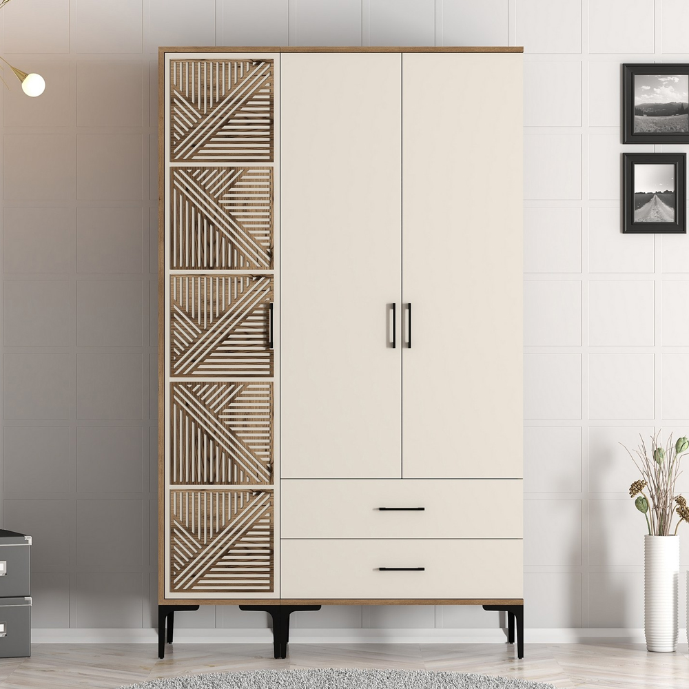 Kumsal Wooden Wardrobe with 3 Doors in Cream and Walnut