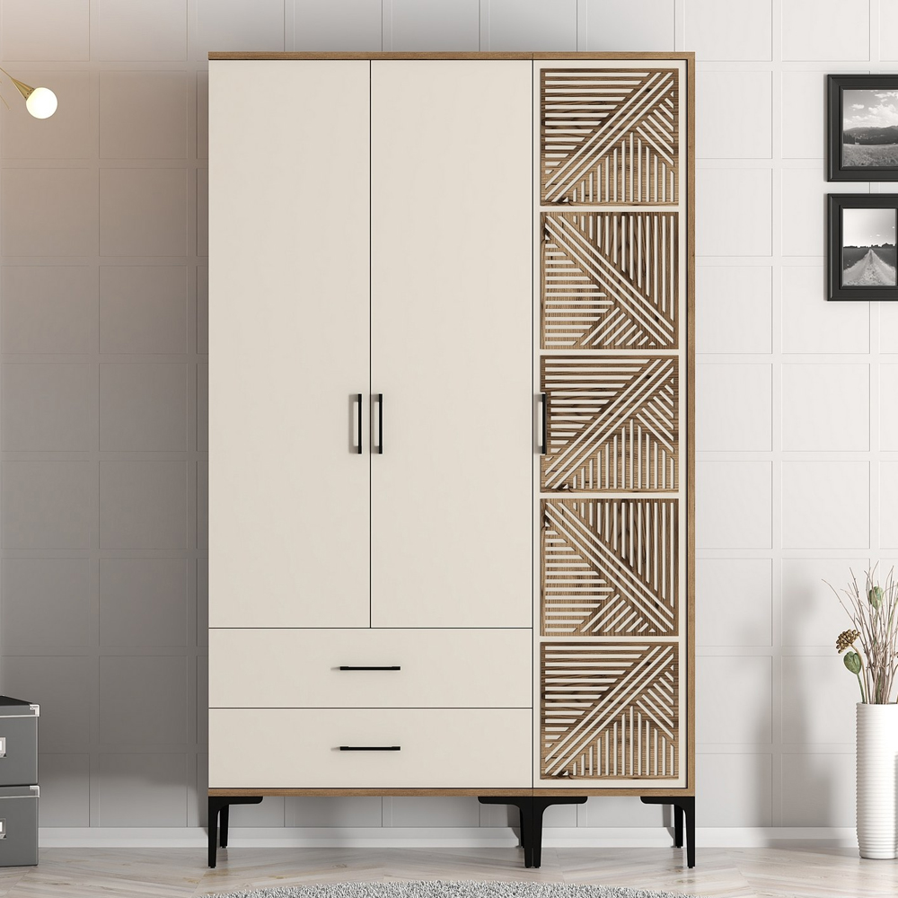 Kumsal Wooden Wardrobe with 3 Doors in Cream and Walnut