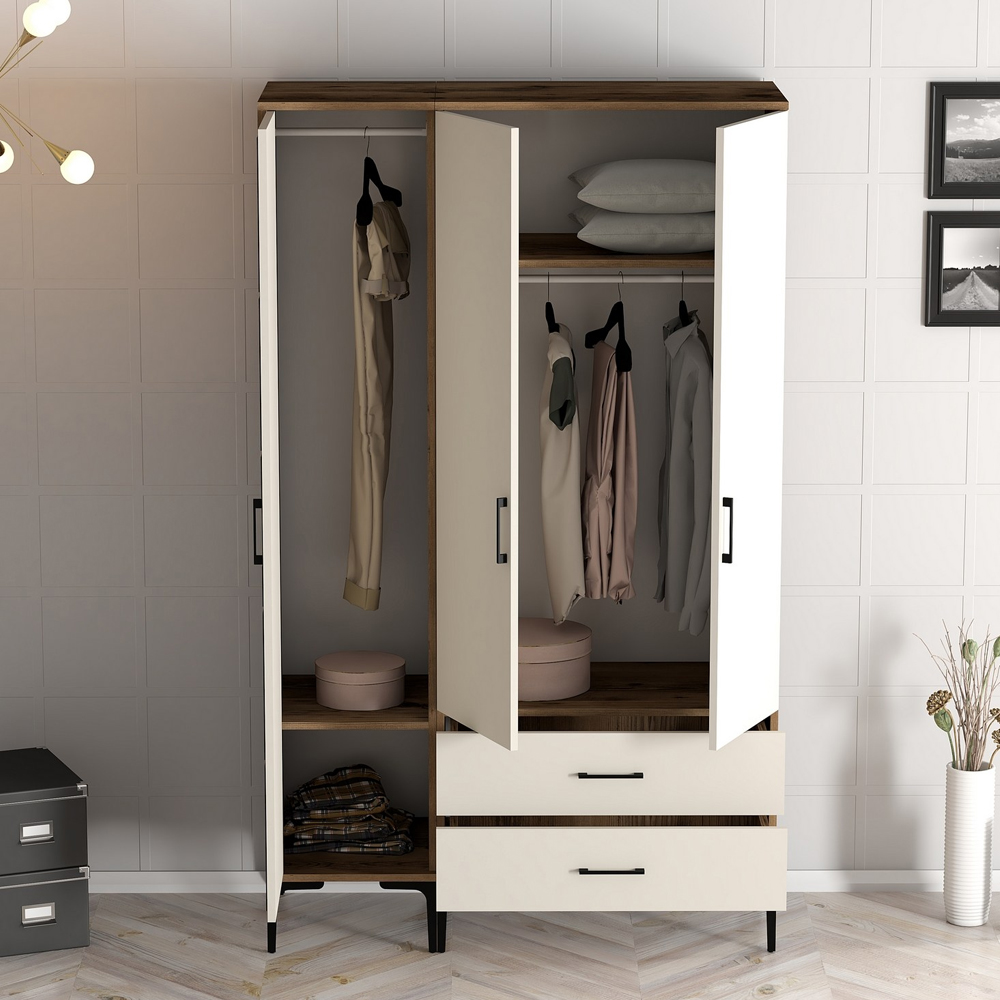 Kumsal Wooden Wardrobe with 3 Doors in Cream and Walnut