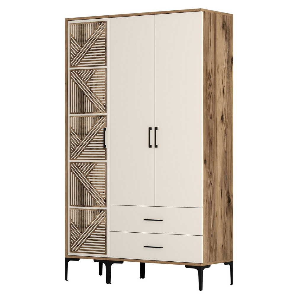 Kumsal Wooden Wardrobe with 3 Doors in Cream and Walnut