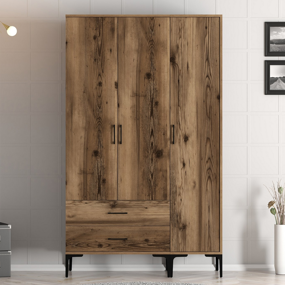 Kumsal Wooden Wardrobe with 3 Doors in Walnut