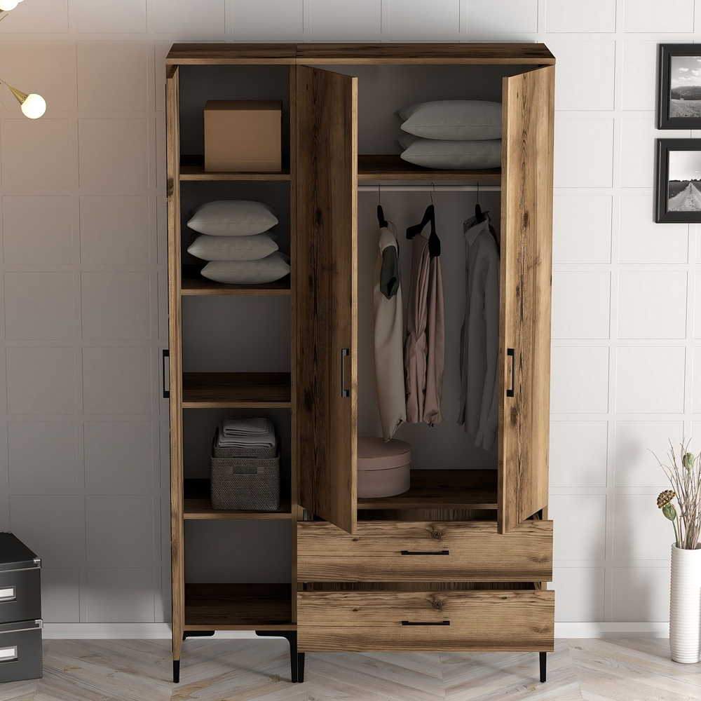 Kumsal Wooden Wardrobe with 3 Doors in Walnut