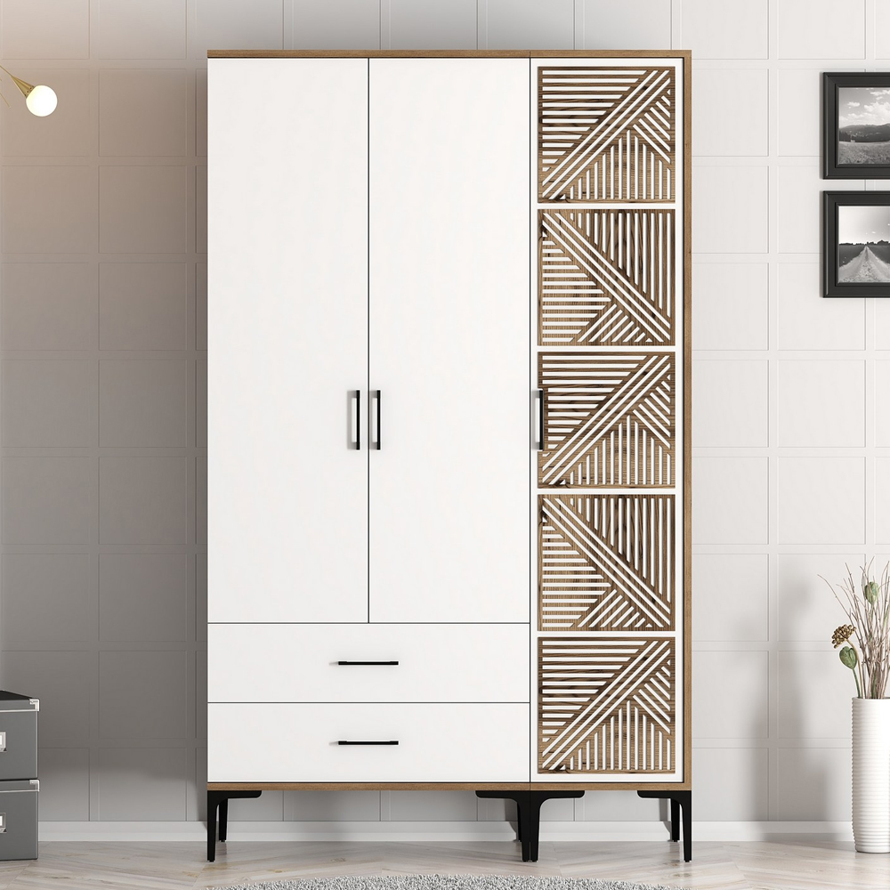 Kumsal Wooden Wardrobe with 3 Doors in White and Walnut