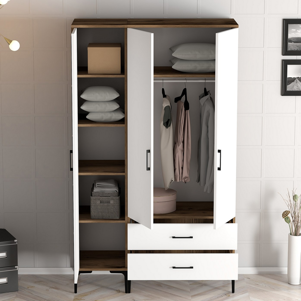 Kumsal Wooden Wardrobe with 3 Doors in White and Walnut