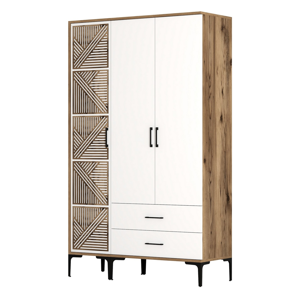Kumsal Wooden Wardrobe with 3 Doors in White and Walnut