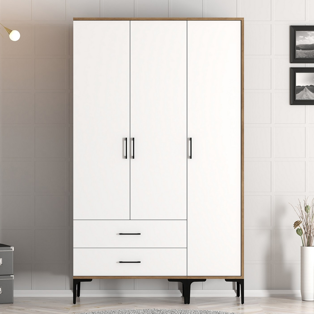 Kumsal Wooden Wardrobe with 3 White Doors in Walnut