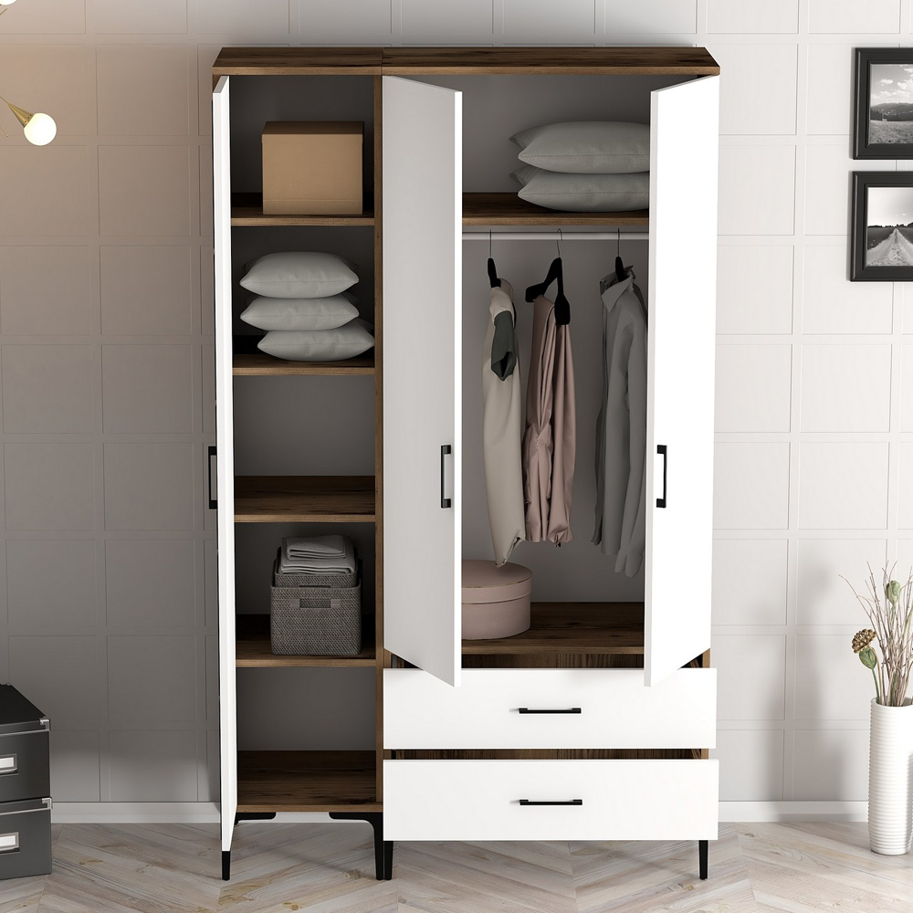 Kumsal Wooden Wardrobe with 3 White Doors in Walnut