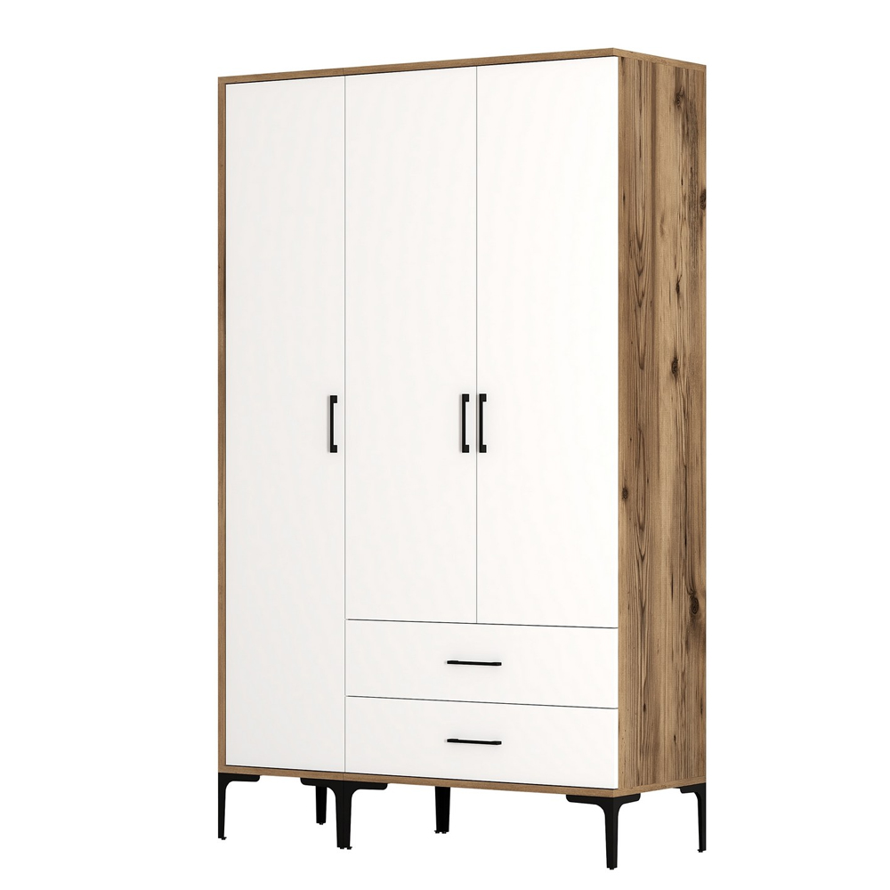 Kumsal Wooden Wardrobe with 3 White Doors in Walnut