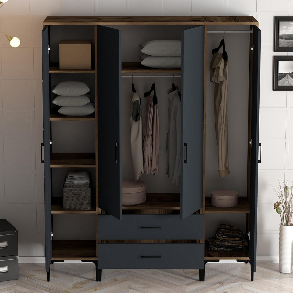 Kumsal Wooden Wardrobe with 4 Anthracite Doors in Walnut