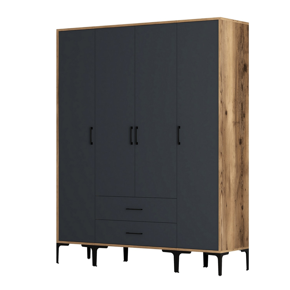 Kumsal Wooden Wardrobe with 4 Anthracite Doors in Walnut