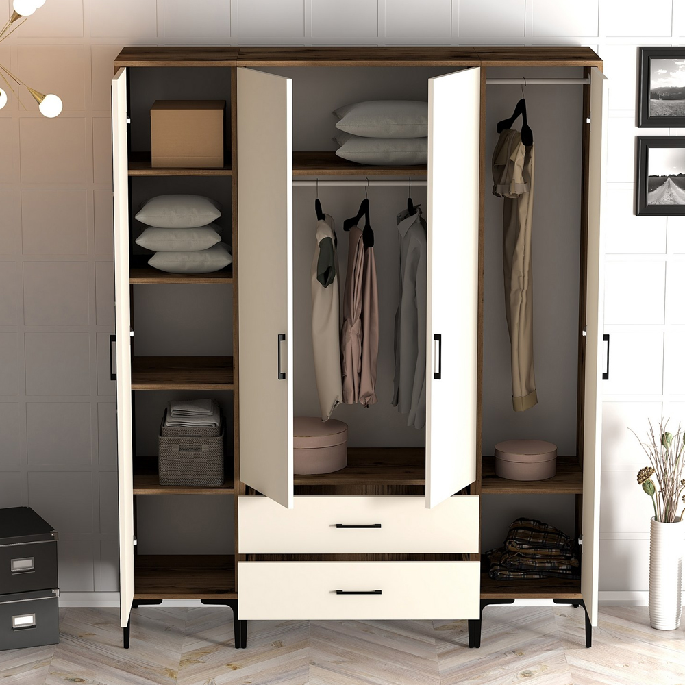 Kumsal Wooden Wardrobe with 4 Cream Doors in Walnut