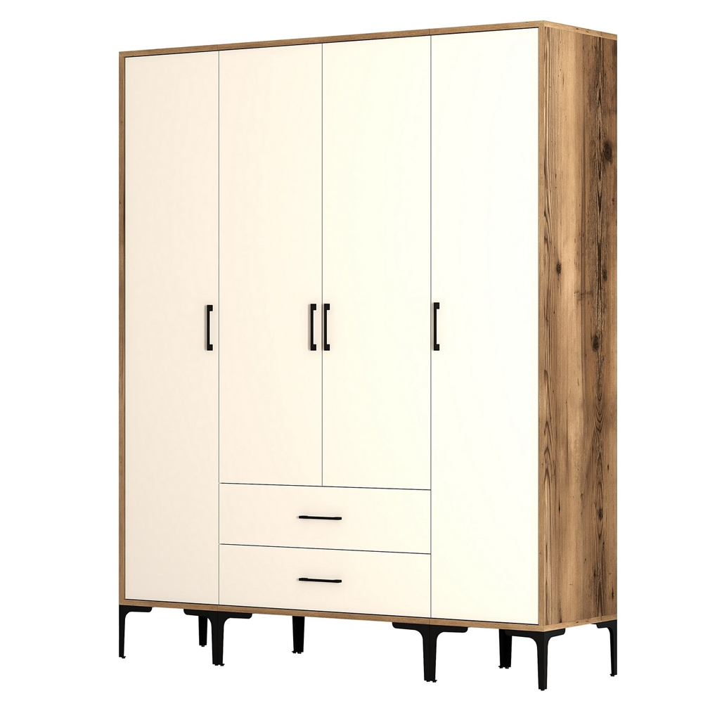 Kumsal Wooden Wardrobe with 4 Cream Doors in Walnut
