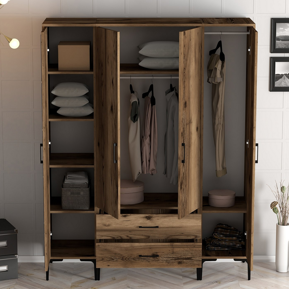 Kumsal Wooden Wardrobe with 4 Doors 2 Drawers in Walnut