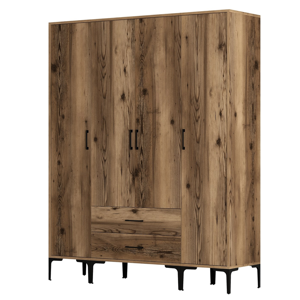Kumsal Wooden Wardrobe with 4 Doors 2 Drawers in Walnut