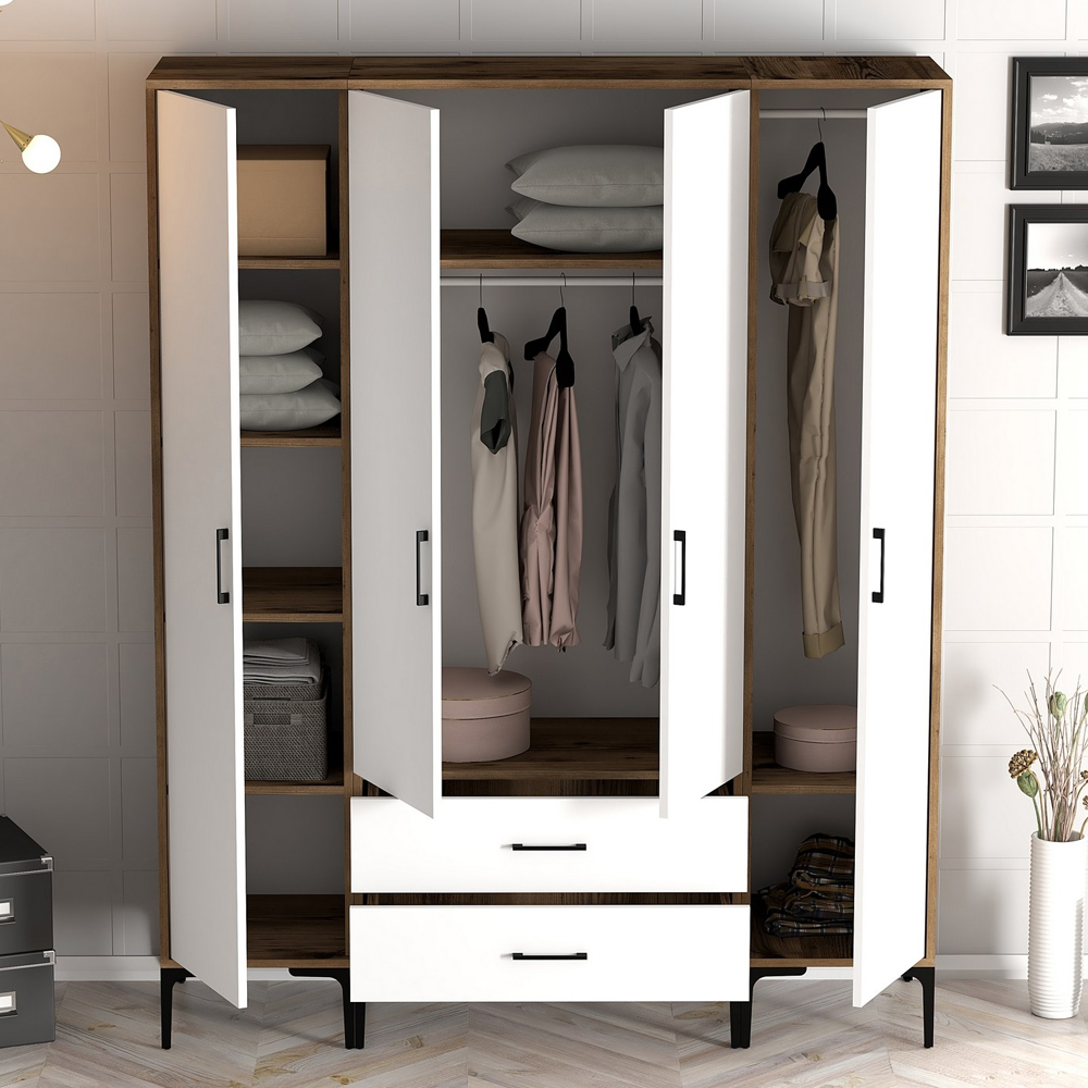 Kumsal Wooden Wardrobe with 4 Doors 2 Drawers in White and Walnut