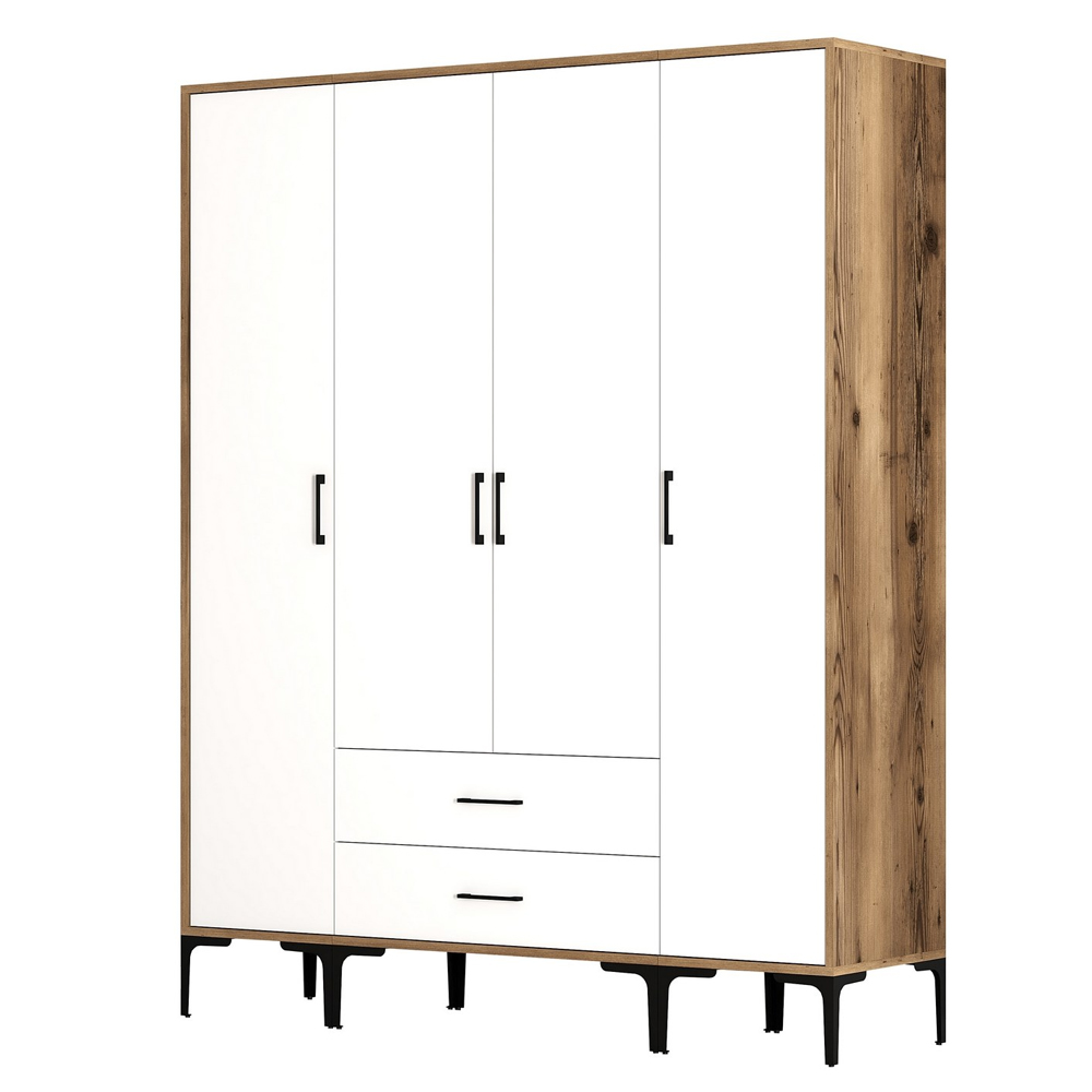 Kumsal Wooden Wardrobe with 4 Doors 2 Drawers in White and Walnut