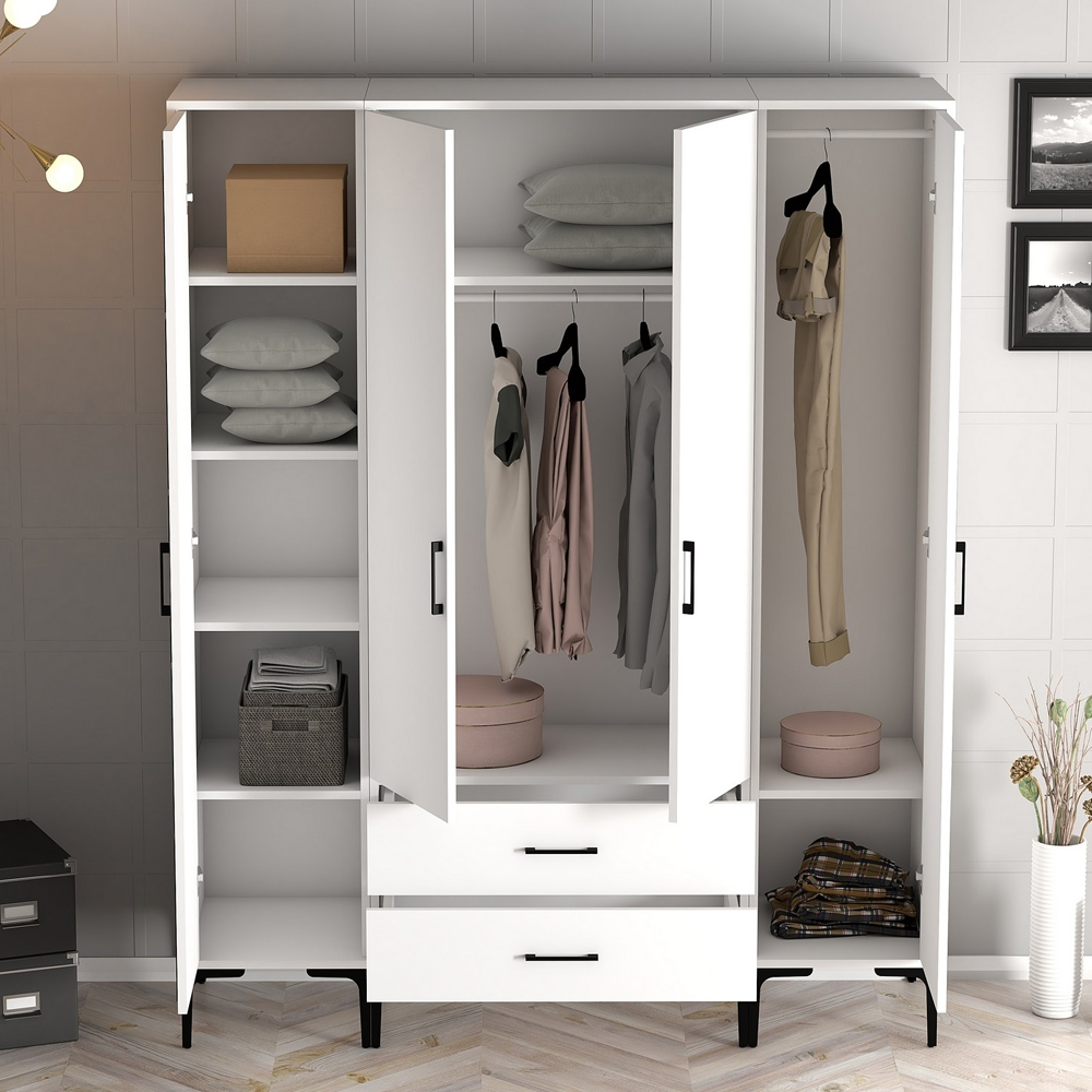 Kumsal Wooden Wardrobe with 4 Doors 2 Drawers in White