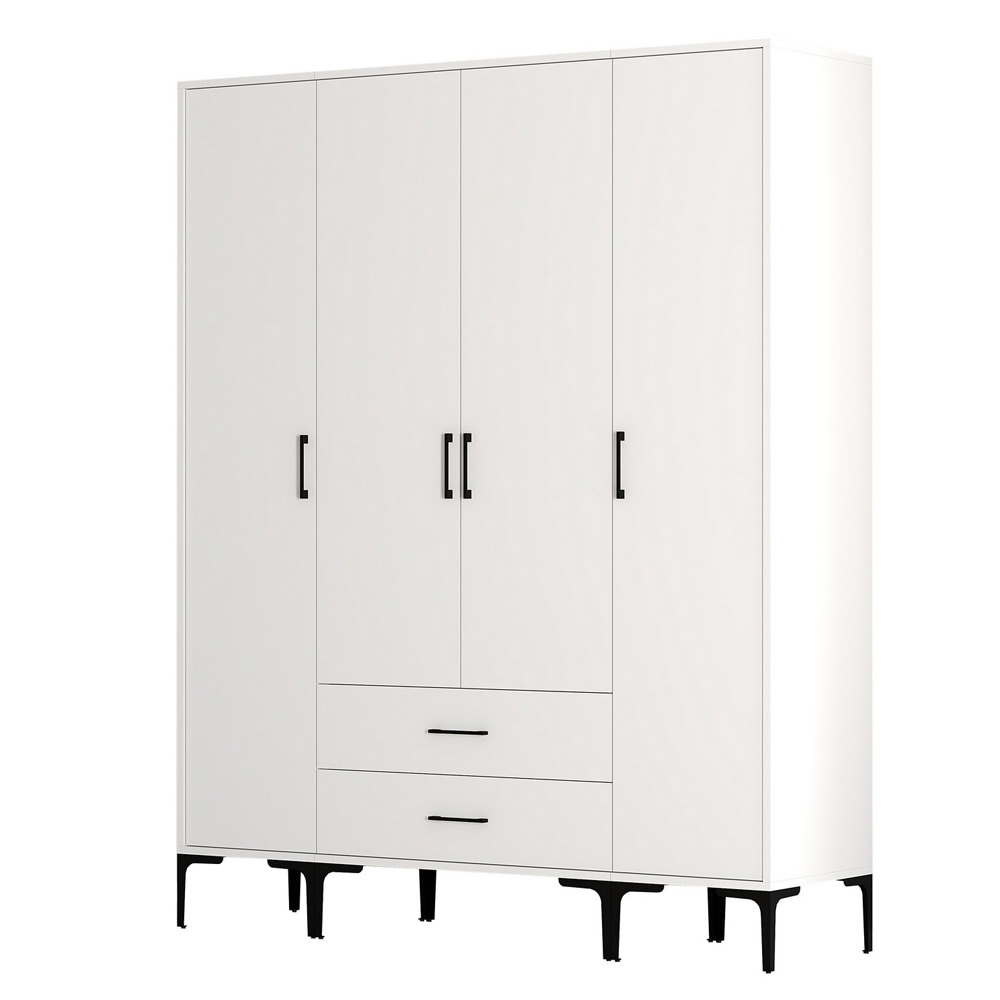 Kumsal Wooden Wardrobe with 4 Doors 2 Drawers in White