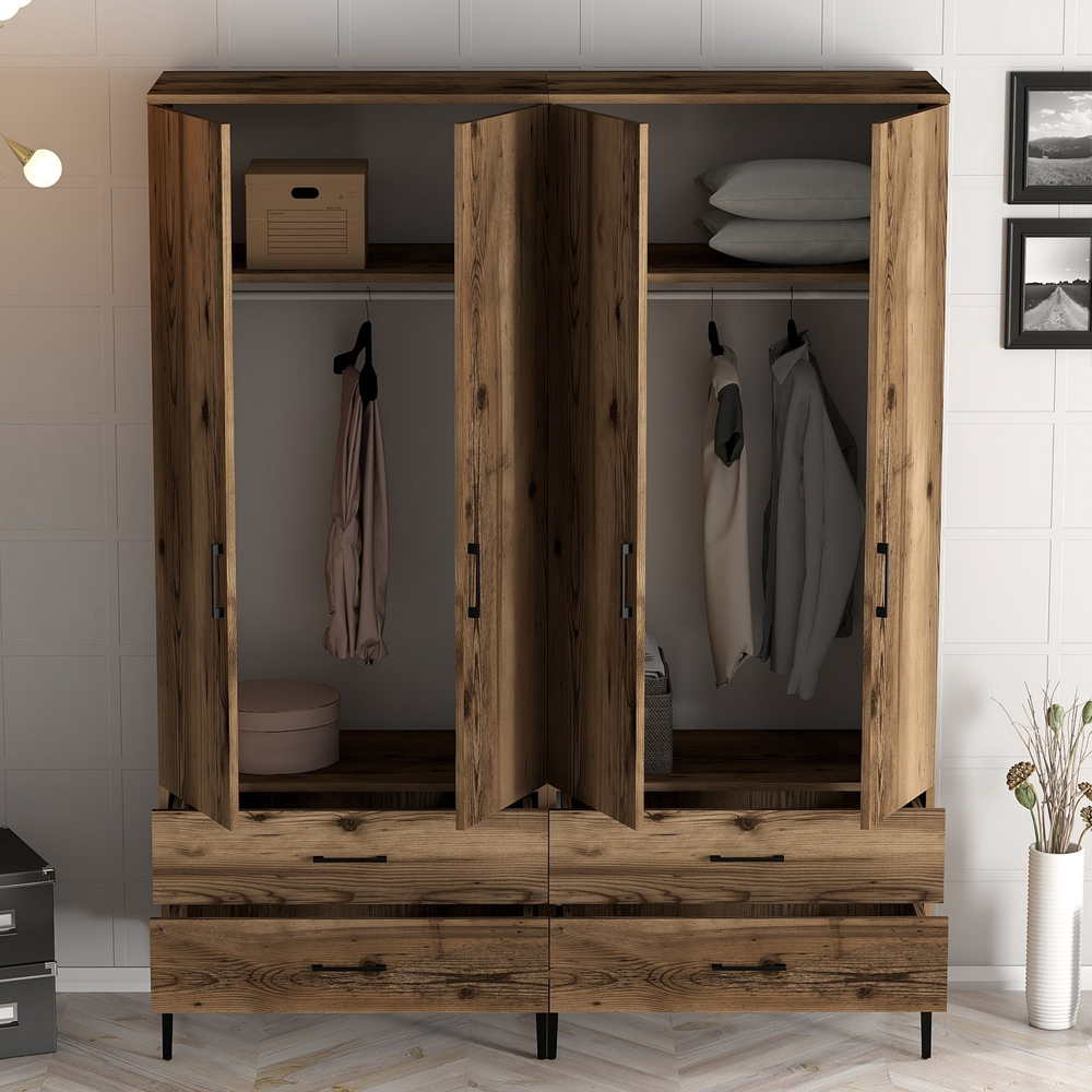 Kumsal Wooden Wardrobe with 4 Doors 4 Drawers in Walnut