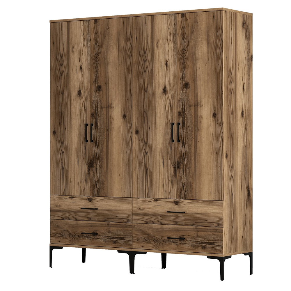 Kumsal Wooden Wardrobe with 4 Doors 4 Drawers in Walnut