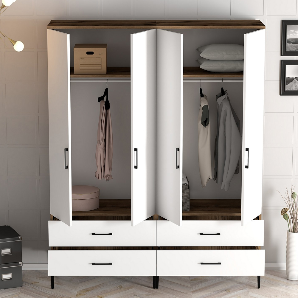 Kumsal Wooden Wardrobe with 4 Doors 4 Drawers in White and Walnut