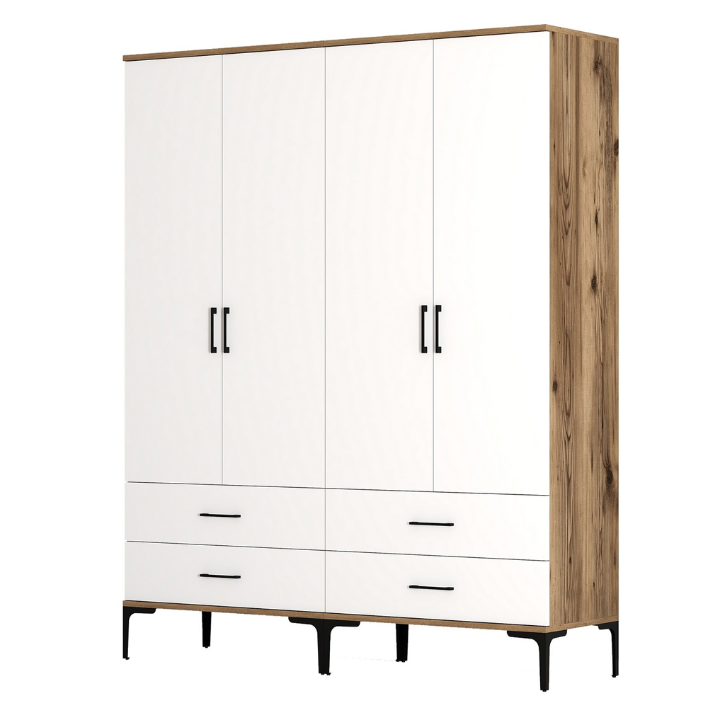 Kumsal Wooden Wardrobe with 4 Doors 4 Drawers in White and Walnut