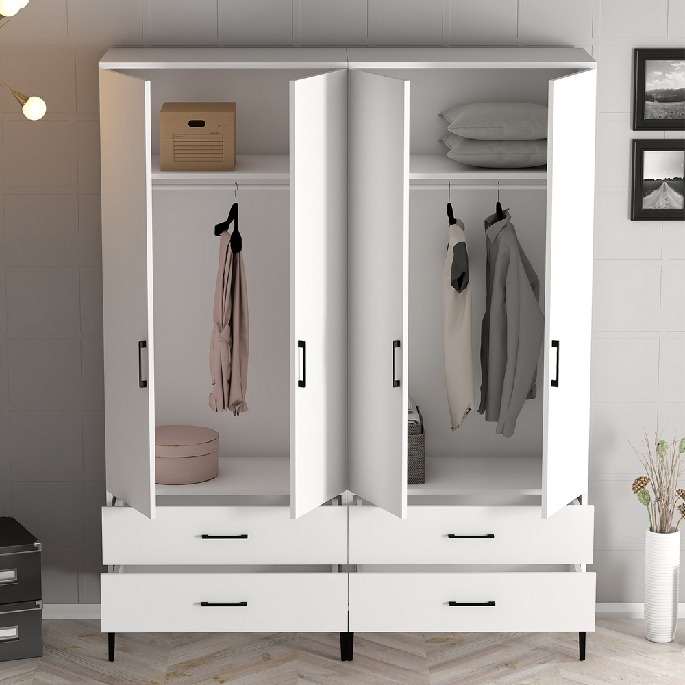 Kumsal Wooden Wardrobe with 4 Doors 4 Drawers in White