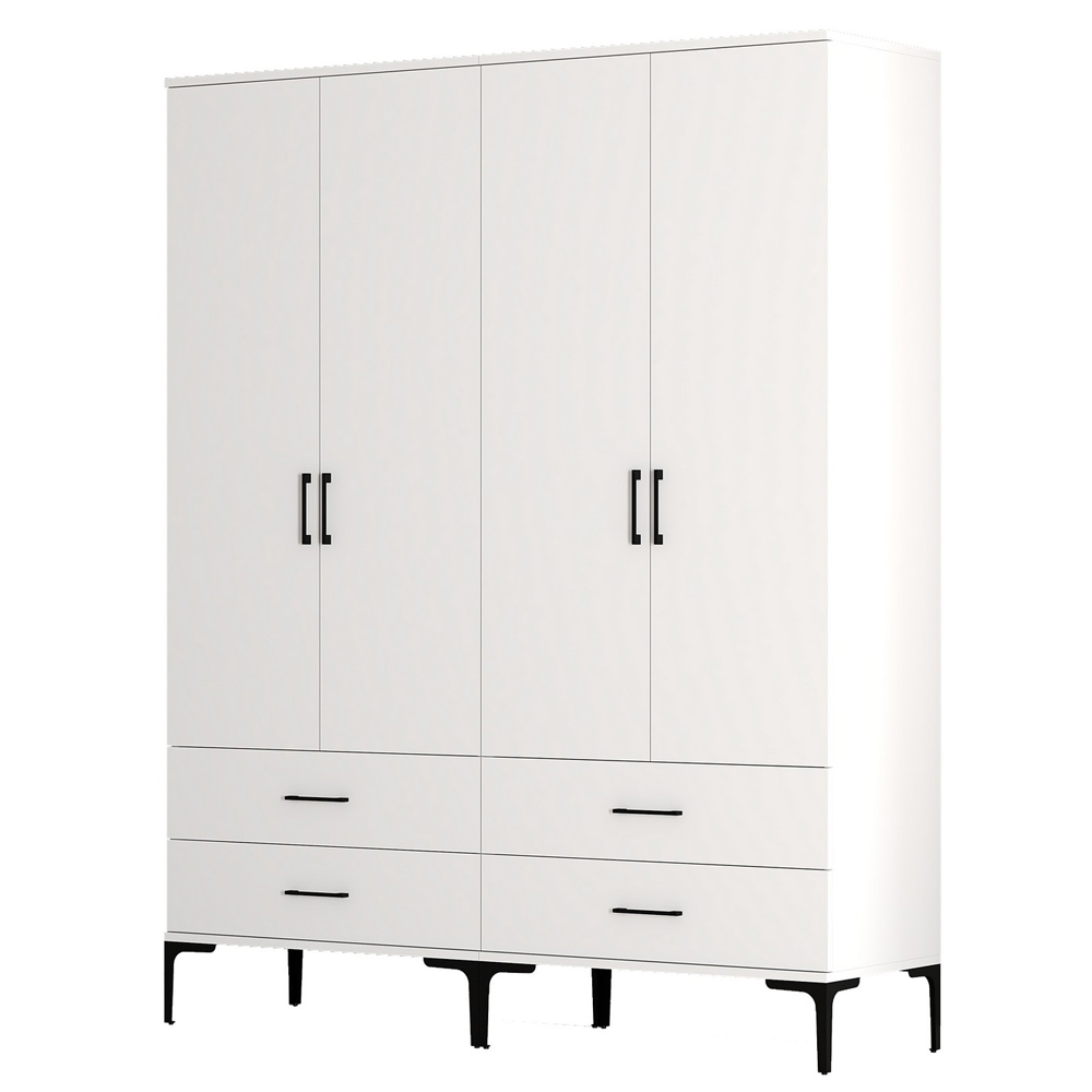 Kumsal Wooden Wardrobe with 4 Doors 4 Drawers in White