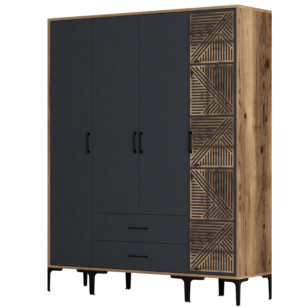 Kumsal Wooden Wardrobe with 4 Doors in Anthracite and Walnut