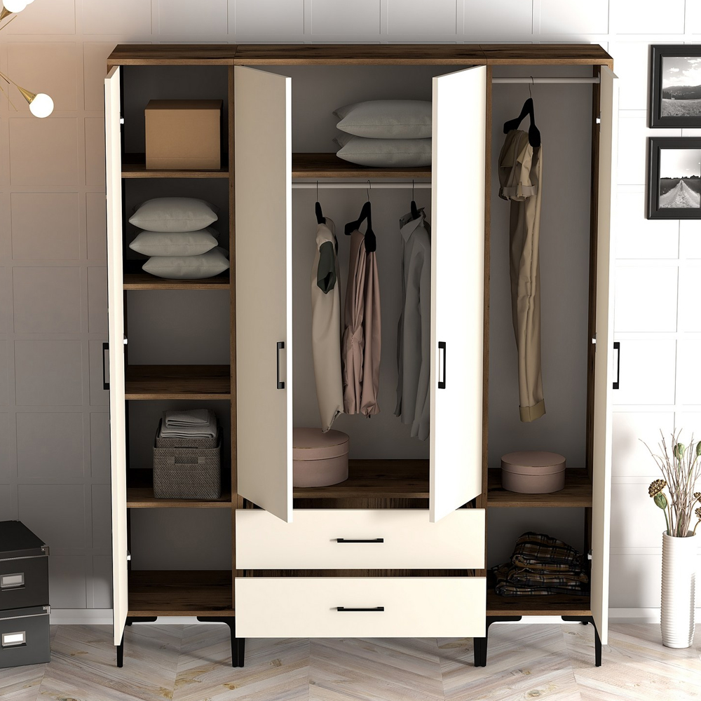 Kumsal Wooden Wardrobe with 4 Doors in Cream and Walnut